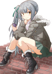 Rule 34 | 1girl, black footwear, boots, brick, brown eyes, cellphone, coat, cowboy shot, cross-laced footwear, fuji (pixiv24804665), fur-trimmed boots, fur-trimmed coat, fur trim, grey coat, grey hair, grey skirt, highres, kantai collection, kasumi (kancolle), lace-up boots, long hair, looking at viewer, panties, pantyshot, phone, pleated skirt, shirt, simple background, sitting, skirt, solo, stairs, underwear, white background, white panties, white shirt
