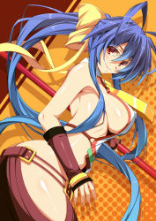 Rule 34 | 1girl, antenna hair, ass, backless outfit, blazblue, blazblue: central fiction, blue hair, blush, bow, breasts, butt crack, covered erect nipples, genderswap, genderswap (mtf), hair between eyes, hair bow, halterneck, holding, holding polearm, holding spear, holding weapon, large breasts, long hair, mai natsume, no bra, polearm, ponytail, red eyes, shiny skin, sideboob, smile, solo, spear, very long hair, weapon, yellow bow, yuuki makoto (radiant)