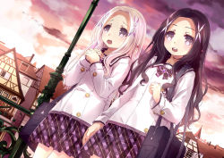 Rule 34 | 2girls, 54hao, :d, bag, beads, black eyes, black hair, blush, bookbag, braid, building, church, cloud, cloudy sky, commentary request, cross, dusk, dutch angle, hair beads, hair ornament, half-timbered, highres, house, jacket, lamppost, long hair, long sleeves, multiple girls, open mouth, original, outdoors, own hands together, parted bangs, plaid, plaid skirt, pleated skirt, purple skirt, railing, school bag, school swimsuit, shoulder bag, siblings, sisters, skirt, sky, smile, swimsuit, twins, very long hair, white hair, white jacket, x hair ornament