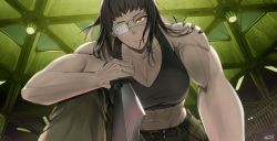 Rule 34 | 1girl, abs, belt, black hair, breasts, cleavage, combat knife, eyepatch, highres, indoors, jormungand (manga), knife, large breasts, looking at viewer, medium hair, muscular, muscular female, pants, pov, sofia valmer, solo, squatting, sunsirou, tank top, weapon, yellow eyes