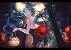 Rule 34 | 1girl, aqua eyes, aqua hair, bare arms, bare shoulders, black dress, blurry, bokeh, breasts, commentary request, cowboy shot, curly hair, depth of field, dress, drill hair, flower, forehead, forest, halloween, hatsune miku, highres, holding, jack-o&#039;-lantern, lamp, lamp miku, leehwa, letterboxed, light particles, long hair, looking back, medium breasts, nature, official alternate costume, outdoors, parted bangs, parted lips, rainbow gradient, sideboob, solo, sparkle, strapless, strapless dress, thighhighs, twin drills, twintails, vocaloid, zettai ryouiki