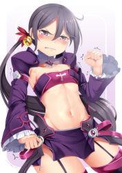 Rule 34 | 1girl, aisha landar, akebono (kancolle), bell, blush, boots, clenched hand, clenched teeth, commentary request, cosplay, elsword, flat chest, garter belt, hair bell, hair between eyes, hair ornament, highres, kantai collection, long hair, long sleeves, looking at viewer, miniskirt, navel, purple eyes, purple hair, purple sleeves, side ponytail, sidelocks, simple background, skirt, solo, strapless, teeth, thigh boots, thighhighs, tube top, v-shaped eyebrows, void princess (elsword), void princess (elsword) (cosplay), white background, yasume yukito