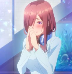 Rule 34 | 1girl, blouse, blue eyes, blue shirt, go-toubun no hanayome, hair over one eye, headphones, highres, nakano miku, own hands together, screencap, shirt, solo, stitched, third-party edit
