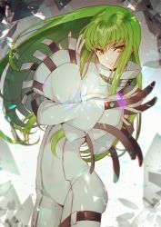 Rule 34 | 1girl, bodysuit, c.c., closed mouth, code geass, commentary, cowboy shot, creayus, eyes visible through hair, green hair, high collar, long hair, long sleeves, looking at viewer, sleeves past wrists, smile, solo, standing, white bodysuit, wide sleeves, yellow eyes