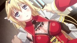 Rule 34 | animated, animated gif, armor, blonde hair, blush, bouncing breasts, breasts, cleavage, elcia harvence, english text, greaves, koikishi purely kiss, large breasts, long hair, nipples, undressing