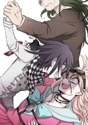 Rule 34 | 1girl, 2boys, antenna hair, arm around waist, black hair, blonde hair, bow, bowtie, breasts, brown jacket, buttons, cellphone, checkered clothes, checkered scarf, cleavage, crazy grin, danganronpa (series), danganronpa v3: killing harmony, double-breasted, eye contact, flip phone, goggles, goggles on head, gokuhara gonta, green bow, green bowtie, green hair, grey jacket, grin, hair between eyes, head out of frame, highres, holding hands, iruma miu, jacket, large breasts, long hair, looking at another, multiple boys, o-ring, oma kokichi, phone, pink shirt, pink skirt, pleated skirt, sailor collar, scarf, shachoo (poco poco), shirt, simple background, skirt, smile, tears, teeth, white background, white sailor collar