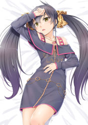 Rule 34 | 1girl, animal print, arm up, bare shoulders, bed sheet, black dress, black hair, blush, brown eyes, collarbone, commentary request, dress, fingernails, hair between eyes, hair ribbon, hand to forehead, heart, heart pendant, idolmaster, idolmaster cinderella girls, leopard print, long hair, lying, matoba risa, miri (ago550421), off-shoulder dress, off shoulder, on back, open mouth, print ribbon, ribbon, signature, solo, twintails, very long hair