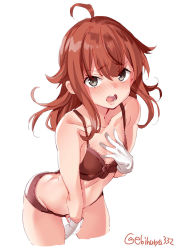 Rule 34 | 1girl, ahoge, arashi (kancolle), blush, bra, breasts, brown eyes, ebifurya, eyes visible through hair, gloves, grey eyes, hair between eyes, highres, kantai collection, long hair, looking at viewer, messy hair, open mouth, panties, red bra, red hair, red panties, simple background, small breasts, solo, twitter username, underwear, underwear only, white background, white gloves