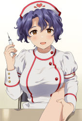 Rule 34 | 1girl, blue hair, breasts, brown eyes, commentary request, dress, hand up, hat, heart, holding, holding syringe, idolmaster, idolmaster million live!, juliet sleeves, large breasts, long sleeves, looking at viewer, mattaku mousuke, nurse, nurse cap, on chair, open mouth, pov, pov hands, puffy sleeves, simple background, sitting, sleeve cuffs, solo focus, syringe, toyokawa fuka, wavy hair, white background, white dress