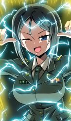 Rule 34 | 1girl, ;d, absurdres, aura, black eyes, black hair, black necktie, breasts, chouno ami, commentary, dragon ball, dragonball z, dress shirt, electricity, girls und panzer, green jacket, half-closed eye, highres, jacket, japan ground self-defense force, japan self-defense force, kamishima kanon, large breasts, looking at viewer, military, military uniform, necktie, one eye closed, open mouth, pointing, pointing at self, shirt, short hair, smile, smirk, smug, solo, standing, super saiyan, super saiyan 2, swept bangs, uniform, v-shaped eyebrows, white shirt, wing collar