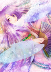 Rule 34 | 1girl, absurdres, bad id, bad pixiv id, blush, hand fan, feather boa, flat chest, floral print, folding fan, highres, japanese clothes, kimono, light particles, long hair, long sleeves, lying, on back, original, parted lips, purple eyes, purple hair, solo, tareme, toki (toki-master), very long hair