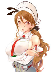 Rule 34 | 10s, 1girl, absurdres, bare shoulders, blush, breasts, brown eyes, brown hair, corset, crossed arms, detached sleeves, female focus, hat, highres, kantai collection, large breasts, littorio (kancolle), long hair, looking at viewer, necktie, open mouth, ponytail, simple background, smile, solo, upper body, wa (genryusui), wavy hair, white background