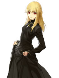 Rule 34 | 1girl, blonde hair, cassock, cross, cross necklace, curtsey, dress, fate/protoreplica, fate/stay night, fate (series), gender request, genderswap, gilgamesh-ko, gilgamesh (fate), jewelry, long hair, mirucream, necklace, red eyes, sidelocks, skirt hold, solo, white background