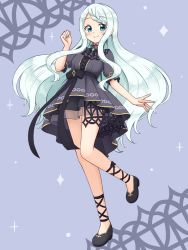 Rule 34 | 1girl, absurdres, ankle lace-up, black dress, black footwear, blue eyes, blue hair, braid, commentary request, cross-laced footwear, crown braid, dress, full body, highres, light blue hair, light blush, long hair, looking at viewer, project gen2, shiraha maru, shirahane urumi, shoes, short sleeves, simple background, smile, solo, very long hair, virtual youtuber