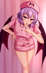 Rule 34 | 1girl, aged up, bat wings, blush, breasts, cross, finger to mouth, hand on own hip, hat, highres, leaning forward, looking at viewer, medium breasts, nail polish, nurse, nurse cap, pink eyes, pink nails, pointy ears, purple hair, remilia scarlet, short hair, side slit, solo, touhou, wings, zellam