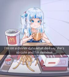 Rule 34 | 1girl, blue eyes, blue hair, blush, burger, cube hair ornament, cup, eating, english text, food, french fries, gawr gura, gawr gura (casual), hair ornament, highres, hololive, hololive english, ketchup, long hair, looking at viewer, mcdonald&#039;s, medium hair, meme, moral cacoethes, multicolored hair, official alternate costume, saliva, saliva trail, side ponytail, snapchat, streaked hair, virtual youtuber