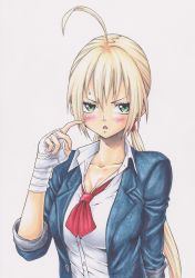 Rule 34 | 1girl, :&lt;, ahoge, blonde hair, blush, breasts, cleavage, green eyes, hand wraps, highres, huge ahoge, large breasts, marker (medium), open mouth, original, school uniform, scratching cheek, sleeves rolled up, solo, tm akira0121, traditional media, twintails