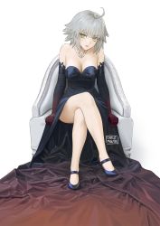 Rule 34 | ahoge, black dress, black footwear, black gloves, breasts, carlo montie, chair, cleavage, crossed legs, dress, elbow gloves, fate/grand order, fate (series), full body, gloves, grey hair, highres, jeanne d&#039;arc alter (fate), jewelry, long dress, looking at viewer, medium breasts, medium hair, necklace, parted lips, shoes, signature, simple background, sitting, white background, yellow eyes