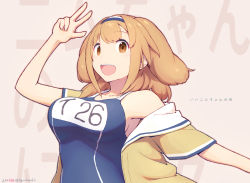 Rule 34 | 1girl, breasts, brown eyes, clothes writing, collarbone, green jacket, hairband, i-26 (kancolle), jacket, kantai collection, light brown hair, long hair, looking at viewer, medium breasts, nakaaki masashi, name tag, new school swimsuit, one-piece swimsuit, open clothes, open jacket, open mouth, pink background, sailor collar, school swimsuit, short sleeves, solo, swimsuit, swimsuit under clothes, two-tone hairband, two side up, upper body, v