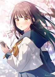 Rule 34 | 1girl, :o, bag, black bag, blue sailor collar, blue skirt, blurry, blurry background, blush, brown eyes, brown hair, cherry blossoms, commentary request, depth of field, dot nose, earbuds, earphones, hanako151, highres, holding, holding bag, holding phone, long hair, long sleeves, looking at viewer, looking to the side, neckerchief, original, outdoors, parted lips, phone, pleated skirt, raised eyebrows, sailor collar, school bag, school uniform, serafuku, shirt, sidelocks, signature, skirt, solo, surprised, thick eyelashes, upper body, white shirt, yellow neckerchief