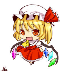 Rule 34 | 1girl, ascot, blonde hair, chibi, crystal, female focus, flandre scarlet, hat, hat ribbon, libus, long skirt, open mouth, puffy sleeves, red eyes, ribbon, short hair, short sleeves, side ponytail, skirt, solo, touhou, white background, wings