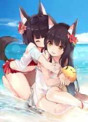 Rule 34 | 2girls, alternate costume, animal ear fluff, animal ears, anklet, azur lane, beach, bikini, black hair, blue sky, bracelet, closed eyes, closed mouth, commentary, day, english commentary, eyewear on head, flower, fox ears, fox tail, frilled bikini, frills, hair flower, hair ornament, hug, hug from behind, jewelry, kneeling, long hair, looking at another, manjuu (azur lane), mixed-language commentary, mujinbensin, multiple girls, mutsu (azur lane), nagato (azur lane), ocean, open mouth, outdoors, paid reward available, red bikini, revision, sand, short hair, sitting, sky, smile, sunglasses, sunlight, swimsuit, tail, water, yellow eyes, yokozuwari