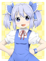 Rule 34 | 1girl, :d, alternate hairstyle, blue eyes, blue hair, blush, circled 9, cirno, face, hands on own hips, matching hair/eyes, open mouth, simple background, smile, solo, touhou, twintails, uta (kuroneko), wristband