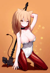 Rule 34 | 1girl, absurdres, animal ears, arknights, arm behind head, beudelb, black collar, black pantyhose, breasts, brown eyes, brown hair, cleavage, collar, collarbone, commentary, full body, highres, kneeling, korean commentary, large breasts, leotard, lion ears, lion girl, lion tail, looking at viewer, orange background, pantyhose, red pantyhose, shiny clothes, siege (arknights), simple background, solo, strapless, strapless leotard, studded collar, tail, war hammer, weapon, white leotard