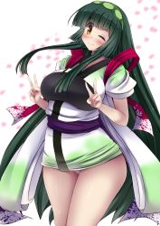 Rule 34 | 1girl, blush, breasts, curvy, double v, dress, female focus, green hair, hair ornament, hairband, highres, japanese clothes, large breasts, long hair, looking at viewer, miniskirt, orange eyes, panties, pantyshot, skirt, smile, solo, standing, touhoku zunko, underwear, v, very long hair, vocaloid, voiceroid, white background, white panties, wide hips, wink, yellow eyes, yuzumiya mono