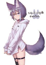 Rule 34 | 1girl, animal ear fluff, animal ears, black thighhighs, blush, breasts, choker, clothes tug, cowboy shot, dog ears, dog tail, from side, hair between eyes, hair ornament, hairclip, highres, hood, hooded sweater, hoodie, ibuki notsu, long sleeves, looking at viewer, naked sweater, original, parted lips, purple eyes, purple hair, short hair, simple background, single thighhigh, skindentation, sleeves past wrists, small breasts, solo, sweater, sweater tug, tail, thigh strap, thighhighs, white background