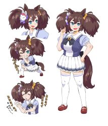 Rule 34 | 1girl, :d, animal ears, black bow, blue shirt, bow, breasts, brown footwear, brown hair, closed eyes, fang, fox mask, frilled skirt, frills, green eyes, grin, hair between eyes, hair bow, hand on own hip, highres, horse ears, horse girl, horse tail, inari one (umamusume), large breasts, mask, mask on head, multiple views, one eye closed, open mouth, orange bow, parted lips, pleated skirt, puffy short sleeves, puffy sleeves, school uniform, shirt, shoes, short eyebrows, short sleeves, simple background, skirt, smile, standing, tail, thick eyebrows, thighhighs, tracen school uniform, translation request, twintails, umamusume, wakaho riku, white background, white skirt, white thighhighs