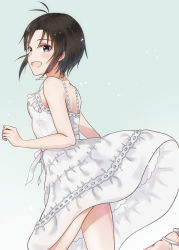 Rule 34 | 1girl, :d, antenna hair, bare arms, black eyes, black hair, blue background, blush, breasts, clothes lift, dress, dress lift, frills, highres, idolmaster, idolmaster (classic), idolmaster 2, jewelry, kikuchi makoto, looking at viewer, mogskg, necklace, open mouth, short hair, simple background, sleeveless, sleeveless dress, small breasts, smile, solo, thighs, white dress, white footwear, wind, wind lift
