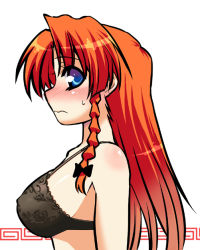 Rule 34 | 1girl, black bra, blue eyes, blush, bra, braid, breasts, covered erect nipples, embodiment of scarlet devil, female focus, from side, hong meiling, lace, lace-trimmed bra, lace trim, large breasts, lingerie, long hair, profile, red hair, simple background, solo, sweatdrop, takadoya, touhou, twin braids, underwear