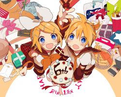 Rule 34 | 1boy, 1girl, 4 (nakajima4423), arm warmers, birthday, blonde hair, blue eyes, blush, brother and sister, cake, candle, food, from above, fruit, gift, hair ornament, hair ribbon, hairclip, happy birthday, headset, kagamine len, kagamine rin, leg warmers, looking up, necktie, open mouth, ribbon, sailor collar, short hair, shorts, siblings, smile, strawberry, twins, vocaloid