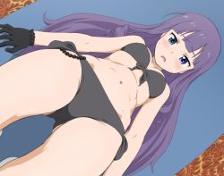 Rule 34 | 1girl, anitore! ex, bikini, black bikini, black gloves, blue eyes, blush, breasts, cleavage, drill hair, female focus, foreshortening, gloves, heterochromia, kosyooka, long hair, looking at viewer, navel, purple hair, small breasts, solo, sweat, swimsuit, tachibana shion, thighs, twin drills, wide hips