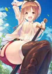 Rule 34 | 1girl, :d, absurdres, arm behind head, atelier (series), atelier ryza, atelier ryza 1, blue sky, brown hair, brown thighhighs, cloud, commentary request, day, hair ornament, hairclip, hat, highres, holding, holding staff, leaf, liya, open mouth, red shorts, reisalin stout, short hair, short shorts, shorts, sky, smile, solo, staff, thighhighs, thighs, white hat, wind, yellow eyes
