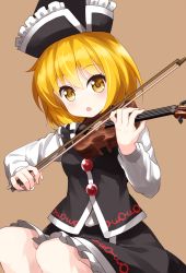 Rule 34 | 1girl, blonde hair, bow (music), frilled hat, frills, hair between eyes, hat, highres, instrument, long sleeves, lunasa prismriver, music, open mouth, playing instrument, ruu (tksymkw), short hair, simple background, sitting, skirt, skirt set, solo, touhou, violin, yellow eyes