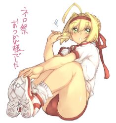 1girl :o ahoge blonde_hair braid braided_bun breasts buruma fate/grand_order fate_(series) full_body green_eyes hair_bun hair_intakes hair_ribbon hairband impossible_clothes impossible_shirt large_breasts loose_socks nagy nero_claudius_(fate) nero_claudius_(fate)_(all) nero_claudius_(olympian_bloomers)_(fate) red_buruma red_hairband ribbon shirt shoes sneakers socks solo translation_request white_socks