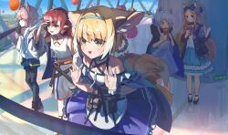 Rule 34 | 6+girls, absurdres, ahoge, animal ears, arknights, balloon, bare shoulders, beagle (arknights), black footwear, black pantyhose, blonde hair, blue bow, blue eyes, blue flower, blue hair, blue hairband, blush, bow, braided hair rings, cat ears, cat girl, chinese commentary, closed mouth, coat, commentary, crepe, cup, demon girl, demon horns, dog ears, dog girl, double-parted bangs, dress, drinking, drinking straw, eating, fang (arknights), flower, food, fox ears, fox girl, fox tail, frilled dress, frilled sleeves, frills, green eyes, hair between eyes, hair bow, hair flower, hair ornament, hairband, highres, holding, holding cup, holding food, hood, hooded coat, horns, horse ears, horse girl, ifrit (arknights), indoors, infection monitor (arknights), iris (arknights), kitsune, kroos (arknights), kyuubi, lab coat, light brown hair, long hair, maple (luoty111), multicolored hair, multiple girls, multiple tails, myrtle (arknights), off-shoulder dress, off shoulder, pantyhose, pink hair, purple dress, purple hair, rabbit ears, rabbit girl, red hair, rosmontis (arknights), shamare (arknights), short hair, sleeveless, sleeveless dress, sussurro (arknights), suzuran (arknights), tail, two-tone hair, very long hair, white coat, white dress, white hair