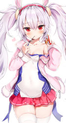 Rule 34 | 1girl, animal ears, azur lane, blush, breasts, camisole, collarbone, commentary request, covered navel, fake animal ears, food, hair between eyes, hairband, head tilt, highres, jacket, laffey (azur lane), long hair, long sleeves, looking at viewer, off shoulder, pink jacket, pleated skirt, pocky, rabbit ears, red eyes, red skirt, silver hair, simple background, skindentation, skirt, small breasts, solo, thighhighs, thighs, tou tou, twintails, very long hair, white background, white camisole, white thighhighs