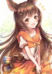 Rule 34 | 1girl, :d, animal ears, arrow (projectile), aster (granblue fantasy), belt pouch, blush, brown eyes, brown hair, clothing cutout, collarbone, commentary request, erune, granblue fantasy, hair ornament, hairclip, highres, long hair, looking at viewer, open mouth, orange skirt, pouch, quiver, sakura ani, short sleeves, side cutout, skirt, smile, solo, very long hair