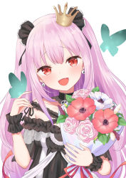 Rule 34 | 1girl, :d, black dress, black ribbon, bouquet, bug, butterfly, collar, collarbone, crown, dress, earrings, fang, flower, furutori, hair ribbon, head tilt, highres, holding, holding bouquet, hololive, insect, jewelry, long hair, looking at viewer, mini crown, off-shoulder dress, off shoulder, open mouth, pink flower, pink hair, red eyes, red flower, ribbon, see-through, see-through sleeves, simple background, skin fang, skull earrings, smile, solo, two side up, upper body, uruha rushia, uruha rushia (3rd costume), virtual youtuber, white background, white flower, wristband