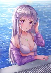 Rule 34 | 1girl, artist request, bikini, blush, breasts, cleavage, collarbone, day, emilia (re:zero), hair ornament, hand in own hair, highres, jacket, jewelry, long hair, long sleeves, looking at viewer, medium breasts, nail polish, open clothes, open jacket, open mouth, outdoors, partially submerged, pendant, pool, purple eyes, purple jacket, purple nails, re:zero kara hajimeru isekai seikatsu, silver hair, solo, spaghetti strap, ssum (ehf dustk), swimsuit, upper body, very long hair, wet, wet hair, white bikini