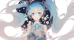 Rule 34 | 1girl, absurdly long hair, arm tattoo, black hairband, black sleeves, blue eyes, blue hair, bow, closed mouth, collared shirt, detached sleeves, floating hair, gradient hair, grey hair, grey shirt, hair between eyes, hair bow, hairband, hatsune miku, headphones, headset, long hair, looking at viewer, microphone, multicolored hair, number tattoo, rabb horn, shirt, sleeveless, sleeveless shirt, smile, solo, tattoo, tears, twintails, upper body, very long hair, vocaloid, wing collar