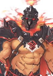 Rule 34 | 1boy, abs, bara, bare pectorals, chest hair, chest harness, dark-skinned male, dark skin, embers, fire, glowing, glowing eyes, harness, helmet, highres, large pectorals, male focus, muscular, muscular male, navel, navel hair, nipples, pectorals, solo, stomach, surtr (housamo), tokyo houkago summoners, unfinished, upper body, zifu
