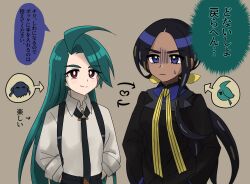 Rule 34 | 2girls, 99 (tomato on1000), ahoge, alternate hairstyle, arrow (symbol), black jacket, black necktie, black pants, blue eyes, blush, bright pupils, brown background, brown eyes, closed mouth, collared shirt, commentary request, creatures (company), dark-skinned female, dark skin, game freak, geeta (pokemon), green hair, hair ribbon, hairstyle switch, hands in pockets, heart, highres, jacket, long hair, multiple girls, neck ribbon, necktie, nintendo, pants, pokemon, pokemon sv, ponytail, ribbon, rika (pokemon), shirt, smile, speech bubble, suspenders, sweatdrop, translation request, white pupils, yellow ribbon