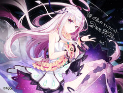 1girl :o ahoge anniversary artist_name bare_shoulders dress floating floating_hair grey_hair highres holding holding_own_hair long_hair looking_at_viewer michi_(gumi) multicolored_hair official_art open_mouth ouroboros_(ta_ga_tame_no_alchemist) purple_hair second-party_source solo spade_(shape) ta_ga_tame_no_alchemist two-tone_hair very_long_hair white_dress