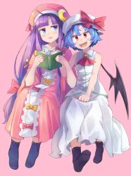 Rule 34 | 2girls, :d, adapted costume, ahoge, anarogumaaa, ascot, bat wings, black legwear, blue eyes, blue hair, blunt bangs, blush, book, bow, brooch, commentary request, crescent, crescent hair ornament, dress, eyebrows, fang, full body, hair ornament, hair ribbon, hat, hat bow, jewelry, long hair, mob cap, multiple girls, open mouth, orange bow, patchouli knowledge, pink background, pink dress, pink hat, purple hair, red bow, red eyes, remilia scarlet, ribbon, short hair, simple background, sitting, sleeveless, sleeveless dress, smile, socks, touhou, tress ribbon, very long hair, white dress, white hat, wings