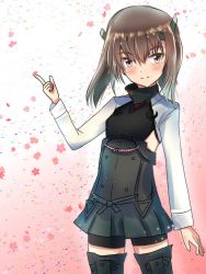 Rule 34 | 1girl, bike shorts, boots, brown hair, cowboy shot, grey eyes, grey skirt, headgear, highres, index finger raised, kantai collection, looking at viewer, pleated skirt, roko roko (doradorazz), short hair, skirt, solo, taihou (kancolle), thigh boots, thighhighs