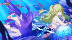 Rule 34 | 1girl, absurdres, back, bare shoulders, closed mouth, coral reef, earrings, flip-flops, full body, green eyes, green hair, highres, honkai (series), honkai impact 3rd, horns, jellyfish, jewelry, long hair, looking at viewer, looking back, mobius (daughter of corals) (honkai impact), mobius (honkai impact), official art, sandals, single earring, smile, solo, swimsuit, toes, tongue, tongue out, underwater, water